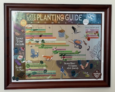 photo of a poster titled Late Planting Guide, with colorful images of various vegetables against a tan background, along a timeline of weeks until first frost